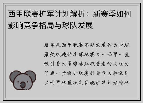 西甲联赛扩军计划解析：新赛季如何影响竞争格局与球队发展