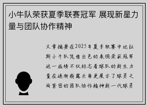 小牛队荣获夏季联赛冠军 展现新星力量与团队协作精神