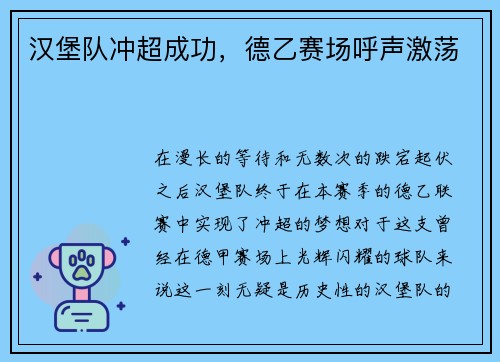 汉堡队冲超成功，德乙赛场呼声激荡