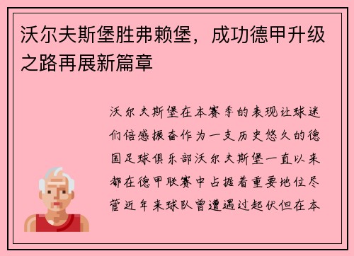 沃尔夫斯堡胜弗赖堡，成功德甲升级之路再展新篇章
