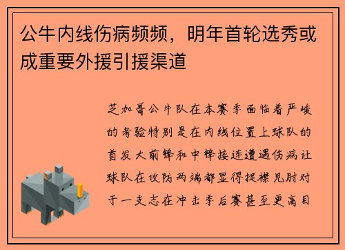 公牛内线伤病频频，明年首轮选秀或成重要外援引援渠道